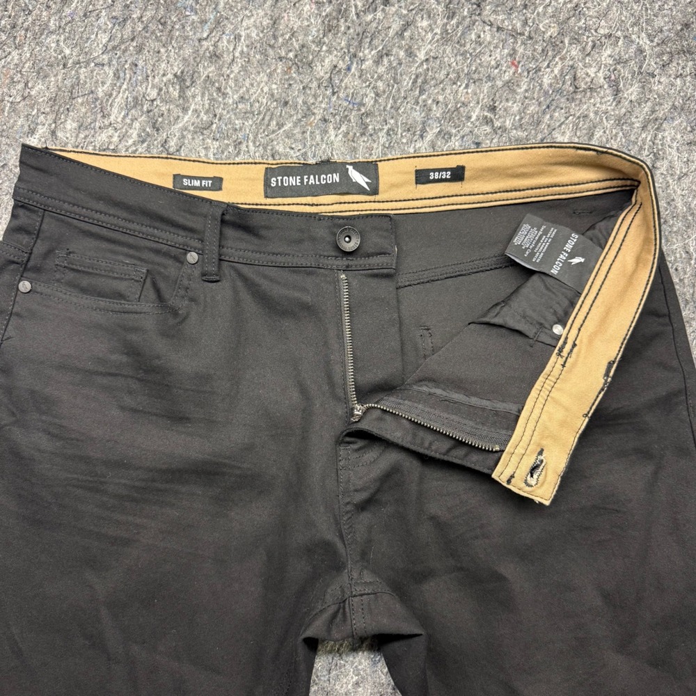 Stone Falcon Mens Slim Fit Pants Black 38x32 Cotton Blend Stretch Chino Trousers